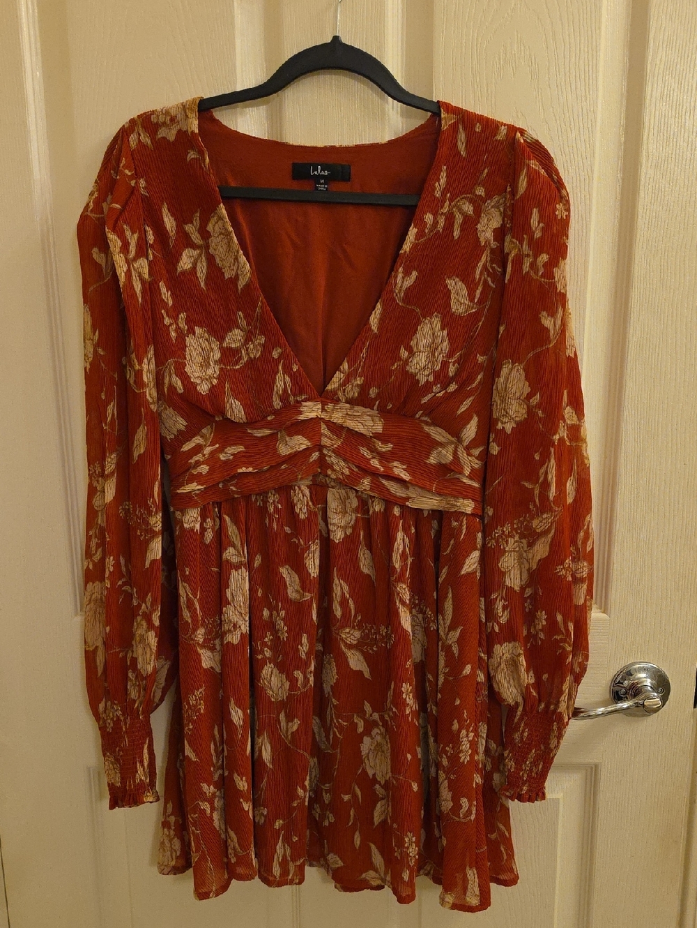 Lulus Burnt Orange Floral Mini Dress Long Sleeve V Neck Size M
